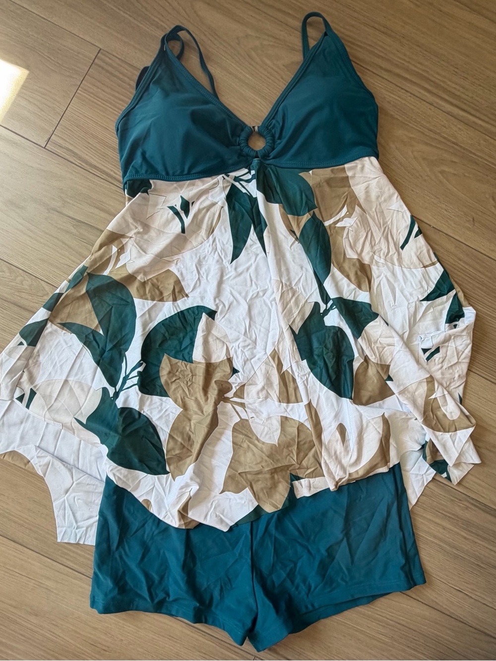 Tankini Dress Style Teal and White Swim Top and Boy Shorts 2 Piece - XL